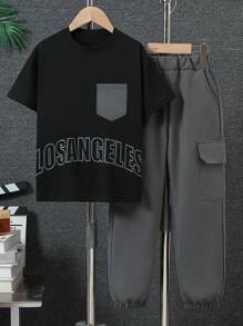 SHEIN 2pcs Tween Boy Set: Letter Print Short Sleeve T-Shirt And Solid Color Pocket Long Pants