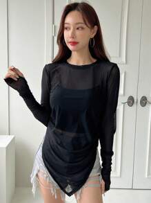 DAZY 不对称下摆拇指孔透视上衣无吊带背心外出上衣长袖女式上衣 - 黑色 - 查看 7