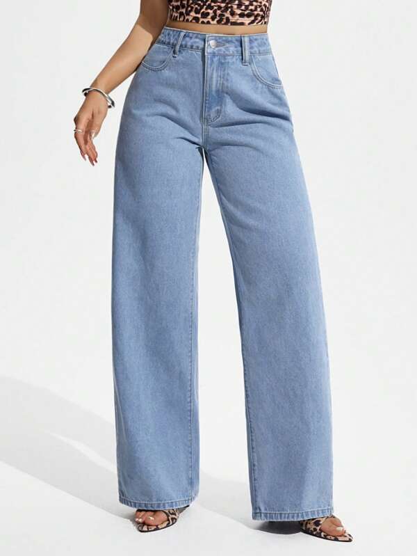 SHEIN PETITE Women's Solid Color Pocketed Casual Versatile Wide Leg Jeans