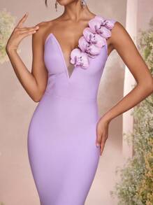 Glamrae Elegant Yellow Handmade 3D Floral Long Bandage Bodycon Dress - Mauve Purple - View 4