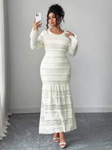 Elenzga Plus Size Women's Popular Round Neck Long Sleeve Pleated Fitted Elegant Dress, Casual Stretchy Flare Sleeve Long Dress For Outing And Vacation Fall Cloth For Women