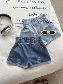 SHEIN 年轻女孩一条深蓝色和可爱的浅蓝色牛仔荷叶边腰合身短裤，春夏休闲度假乡村波西米亚风装 - 淺色水洗藍 - 查看 4