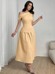 Modelyn 2pcs Solid Color Asymmetric Collar Top And Skirt Set - Khaki - View 4