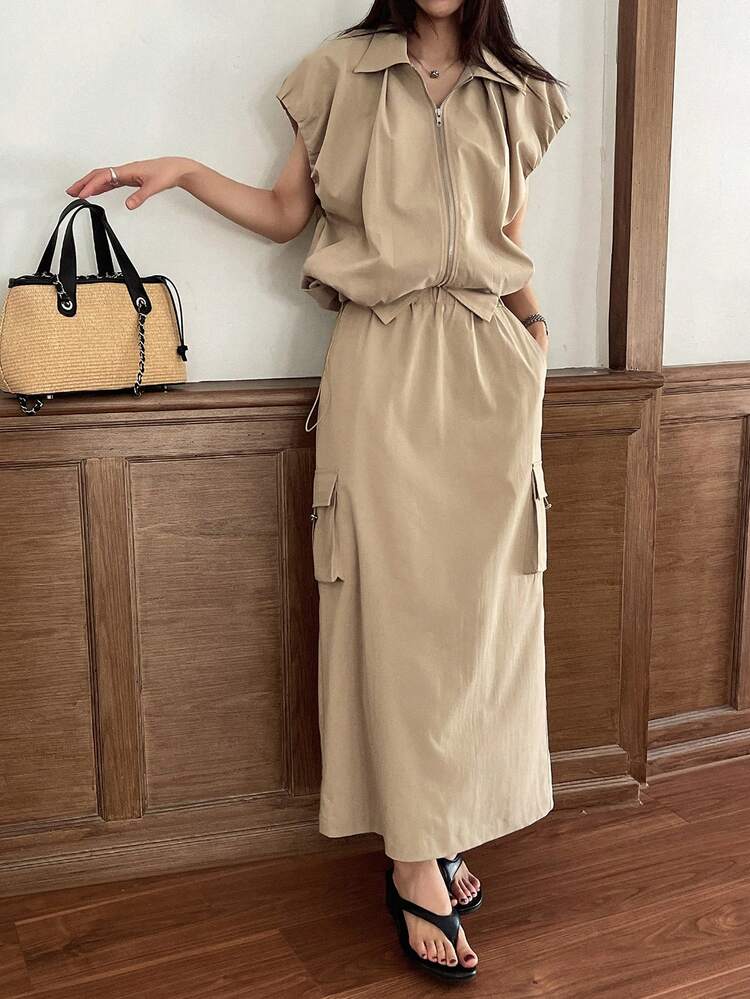 2pcs Women Utility Style Top And Skirt Set