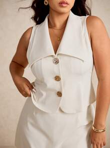 Elaquor 大码女式夏季纯色金属单排扣背心和迷你裙两件套 - 杏色 - 查看 6