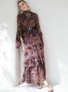 Aveloria Modichic Váy Boho Elegant Holiday tay bèo nhún viền quá khổ có dây thắt lưng - Nhiều màu - Xem 5