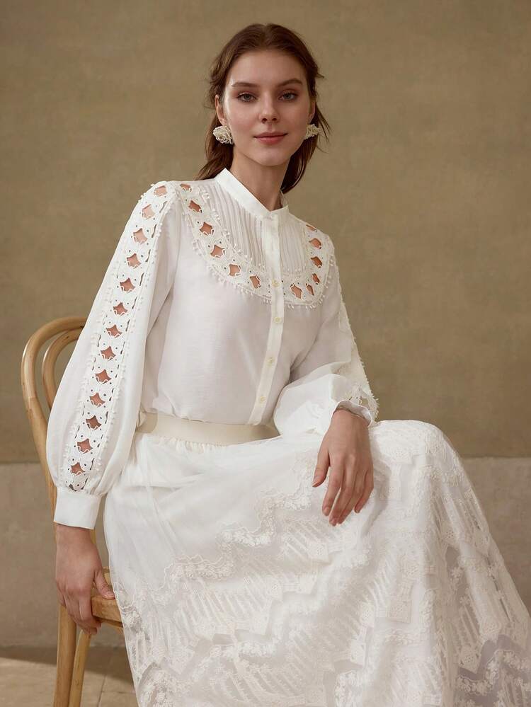 WOMEN'S ELEGANT PATCHWORK BUTTERFLY LACE PANEL LANTERN SLEEVE BLOUSE TOP