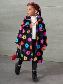 SHEIN Young Girl Knit Floral Pattern Cropped Fluffy Cardigan,In Fall/Winter - Black - View 5