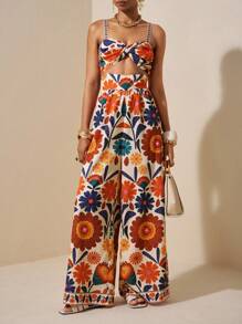 Zivah 2025 Bộ đồ liền thân mùa hè mới thanh lịch hàng ngày hẹn hò tiệc bãi biển quần ống rộng cạp chun phía trước thiết kế xoắn rỗng chân rộng siêu dài in hoa nhiều màu sắc màu mơ cho nữ - Nhiều màu - Xem 2