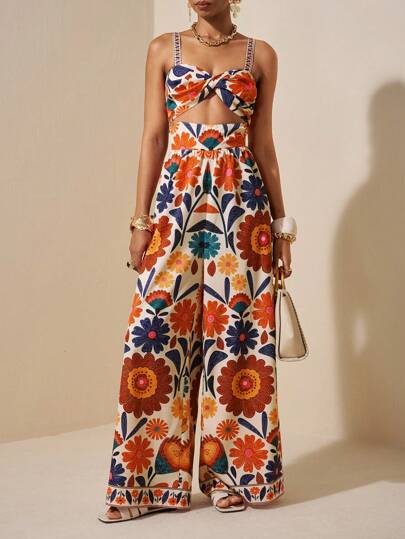 Zivah New Summer Leisure Vacation Elegant Daily Dating Party Beach Vacation Wide Sling Front Waist Hollow Twist Design Wide Leg Super Long Pants Colorful Flower Full Print Apricot Women's Jumpsuit Floral Jumpsuit Resort Outfits For Women Boho Jumpsuit Festival Outfit