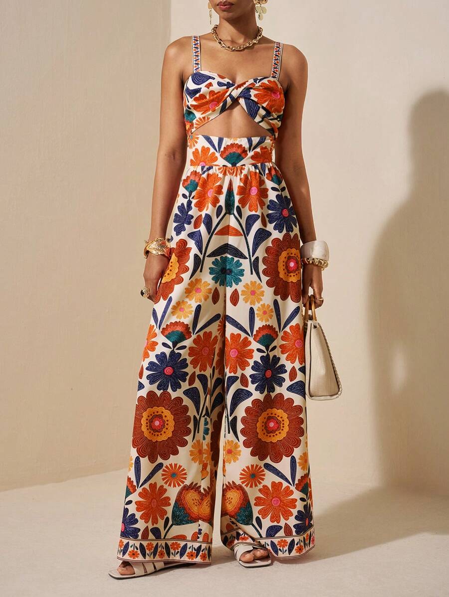 Zivah 2025 Bộ đồ liền thân mùa hè mới thanh lịch hàng ngày hẹn hò tiệc bãi biển quần ống rộng cạp chun phía trước thiết kế xoắn rỗng chân rộng siêu dài in hoa nhiều màu sắc màu mơ cho nữ