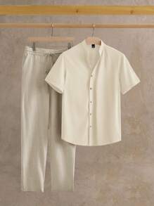 Manfinity VCAY 2 pièces/set Chemise décontractée à manches courtes, col Mao ajustée pour hommes - Nude - Voir 5