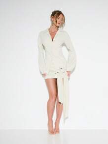 KIZN 细条纹迷你裙办公室专业侧蝴蝶结长袖优雅灯笼袖商务正式春秋季晚会