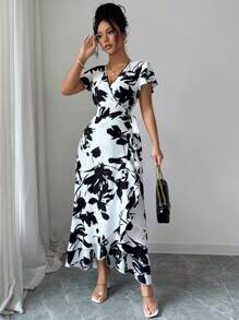 Elenzga Vestido largo con cuello en V, mangas con volantes y cintura anudada, estampado para mujer - Blanco y Negro - Ver 3