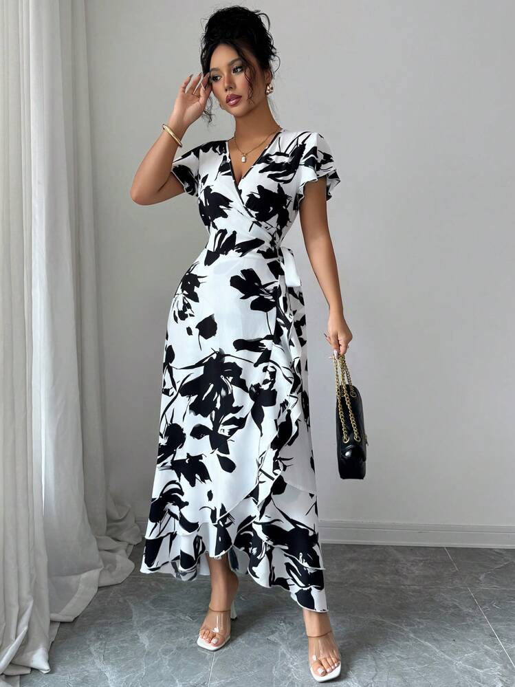 Elenzga Women's Printed V-Neck Tied Waist Ruffle Sleeve Long Dress - Black and White - View 3