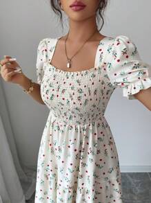 Elenzga 女式优雅碎花印花方领束腰 A 字拼接连衣裙 - 杏色 - 查看 6