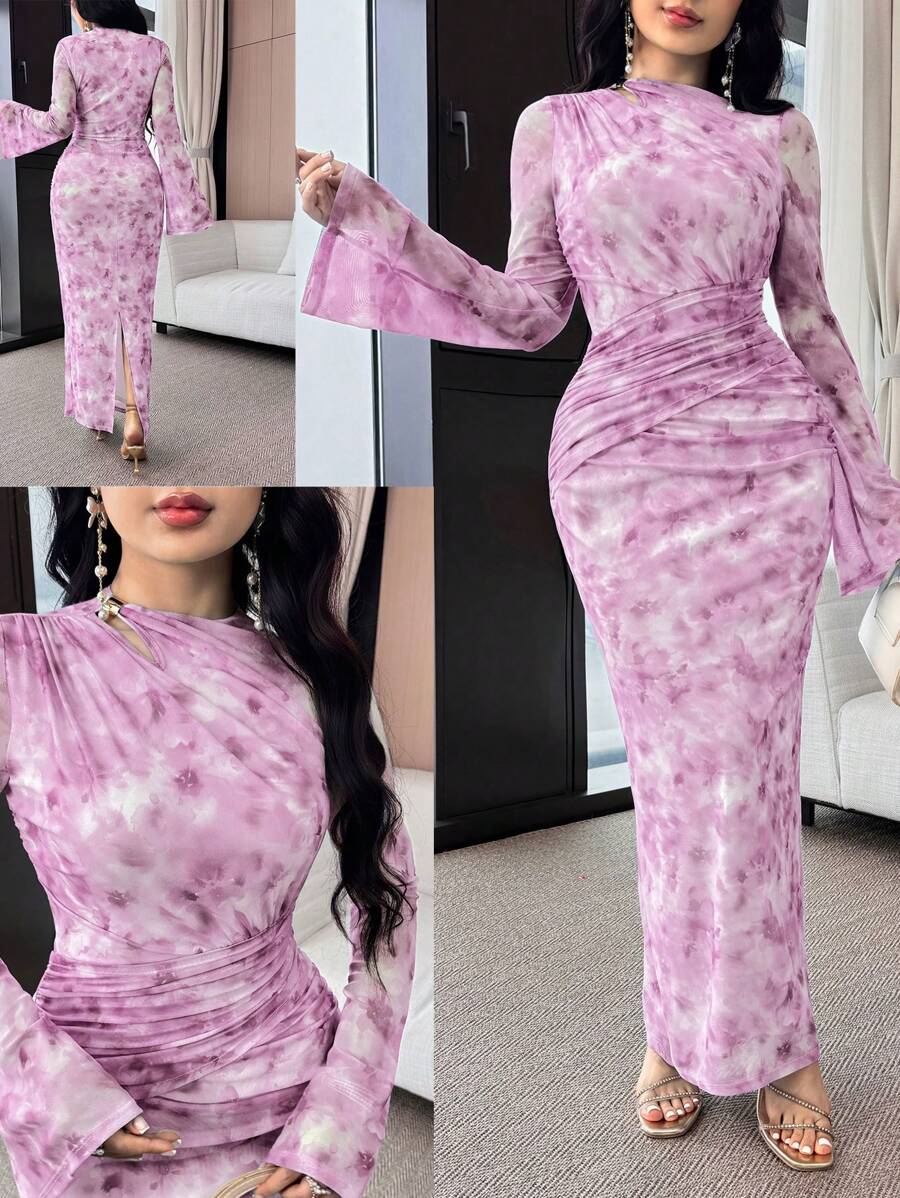 Feyla 女士花卉印花褶皱长袖连衣裙 - 紫色 - 查看 1