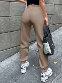 EURMUSE Ladies' Basic Solid Color Drawstring Waist Sweatpants - Beige - View 2