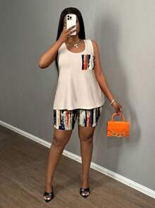 Slaydiva 度假音乐节风格休闲彩色波浪条纹印花两件套适合大码夏季 - 彩色 - 查看 6