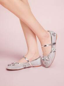 CUCCOO DOLLMOD Women's Pink Round Toe Flat Bow Polka Dot Mesh Casual Slip-On Flats, Cute Campus Style