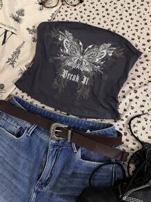 Attitoon Áo crop top Bandeau thường ngày mùa hè cho nữ họa tiết "Cánh tiên bướm" & "Break It" của Fairycore Goth cổ điển - Màu xám đen - Xem 4