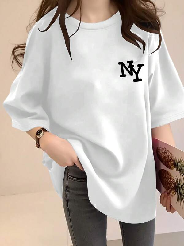 Women's Black NYC Letter Print Loose Fit Round Neck Short Sleeve T-Shirt, Casual Summer Top With Elegant Comfortable Design, Suitable For Casual Outings