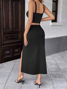 SHEIN LUNE 2pcs Set - Cropped Camisole Top And High Waist Button Front Split Maxi Skirt, Women's Stylish Minimalist - Black - View 2