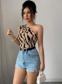 Selianne Summer New Arrival Women Top With Sexy Asymmetrical Neck, Ruffle & Asymmetrical Geometric Print - Khaki - View 6