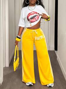 女式字母和侧条纹印花抽绳腰部宽松运动裤 - 黃色 - 查看 7