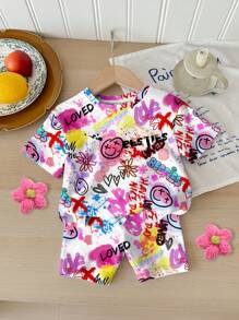 可爱酷炫的涂鸦脸印花，休闲简约宽松圆领短袖T恤和紧身自行车短裤套装，适合春夏季，酷炫服装系列，夏季服装，海滩模式，Bikercore - 彩色 - 查看 2