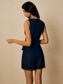 Poéselle 新款女士牛仔工装裤和连体裤裹身式侧腰系带无袖连体裤秋季服装深蓝色法式优雅约会服装