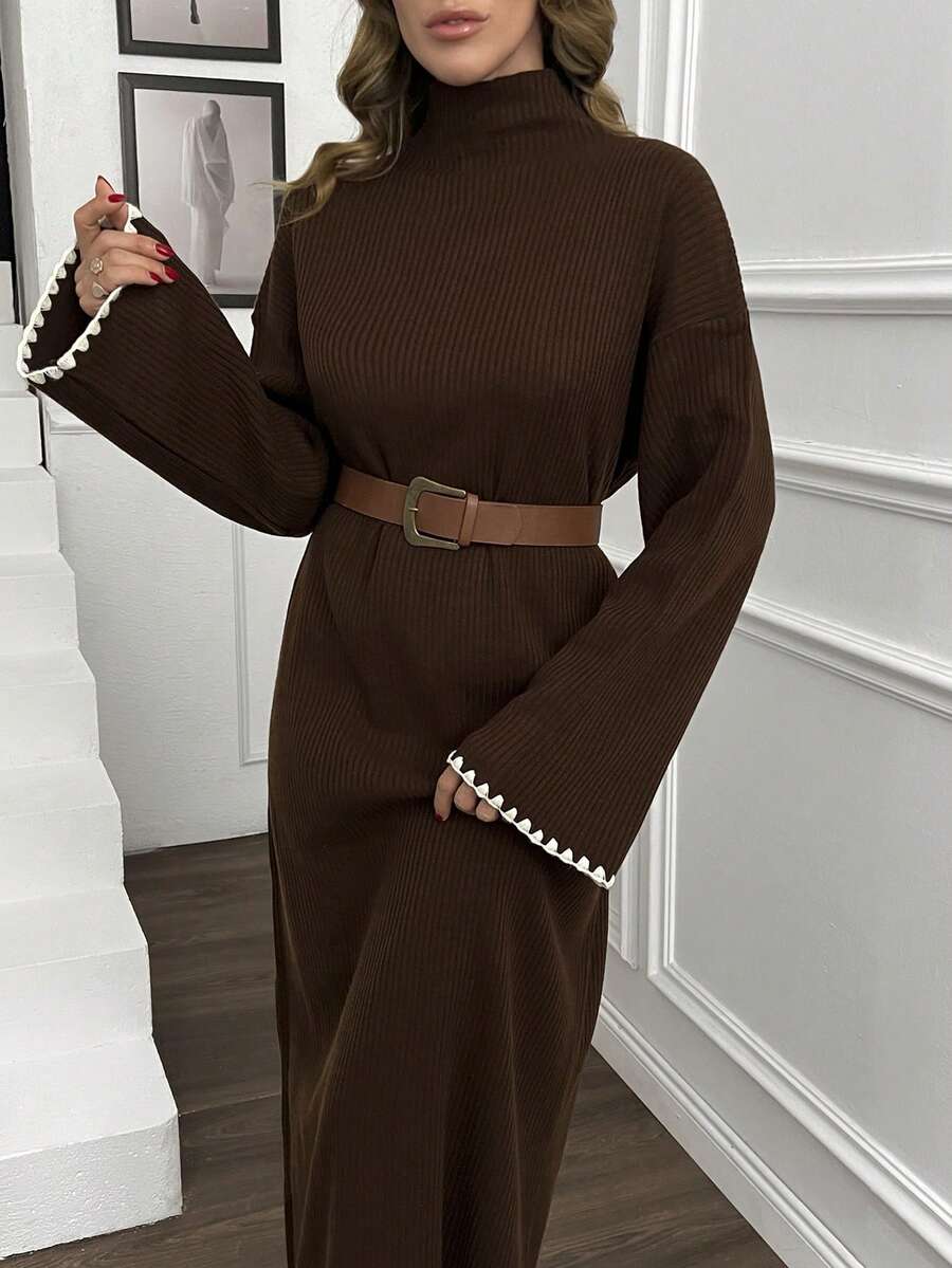EURMUSE Women's Elegant Rib Knit Ribbed Pipping Detailed Hem And Cuf Flare Sleeve Loose Fit Brown Sweater Dress Winter Brown Dress Brown Turtleneck Dress Long Sleeve Brown Dress Ribbed Brown Dress Chocolate Brown Dress - Brown - View 1