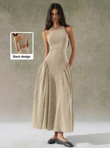 LYSMO 2025 New Arrival Women Summer Khaki Distressed Wash Racerback Long Dress