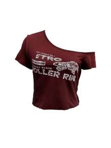 SHEIN Bubbli Women Casual Dark Grey Single Shoulder Short Sleeve Simple T-Shirt - Burgundy - View 3