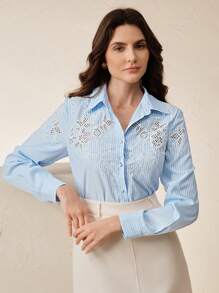 Anewsta Elegancka, nowoczesna bluzka z wyciętym wzorem kwiatowym, stylowa koszula z długim rękawem na wiosnę/lato - Niebieski - Zobacz 7