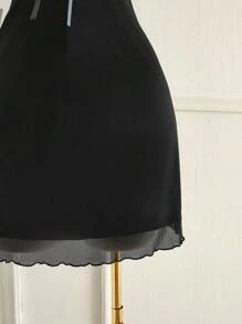 SHEIN EZwear V领蕾丝拼布黑色休闲连衣裙，春夏 - 黑色 - 查看 4