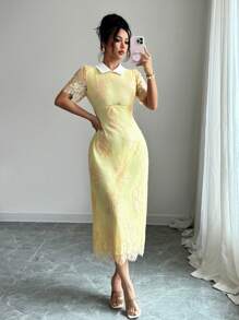 Modelyn 女士纯色短袖蕾丝拼接优雅法式连衣裙 - 黃色 - 查看 5