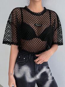 DAZY Top transparente sin sostén con parches de letras y hombros caídos para salir - Negro - Ver 9