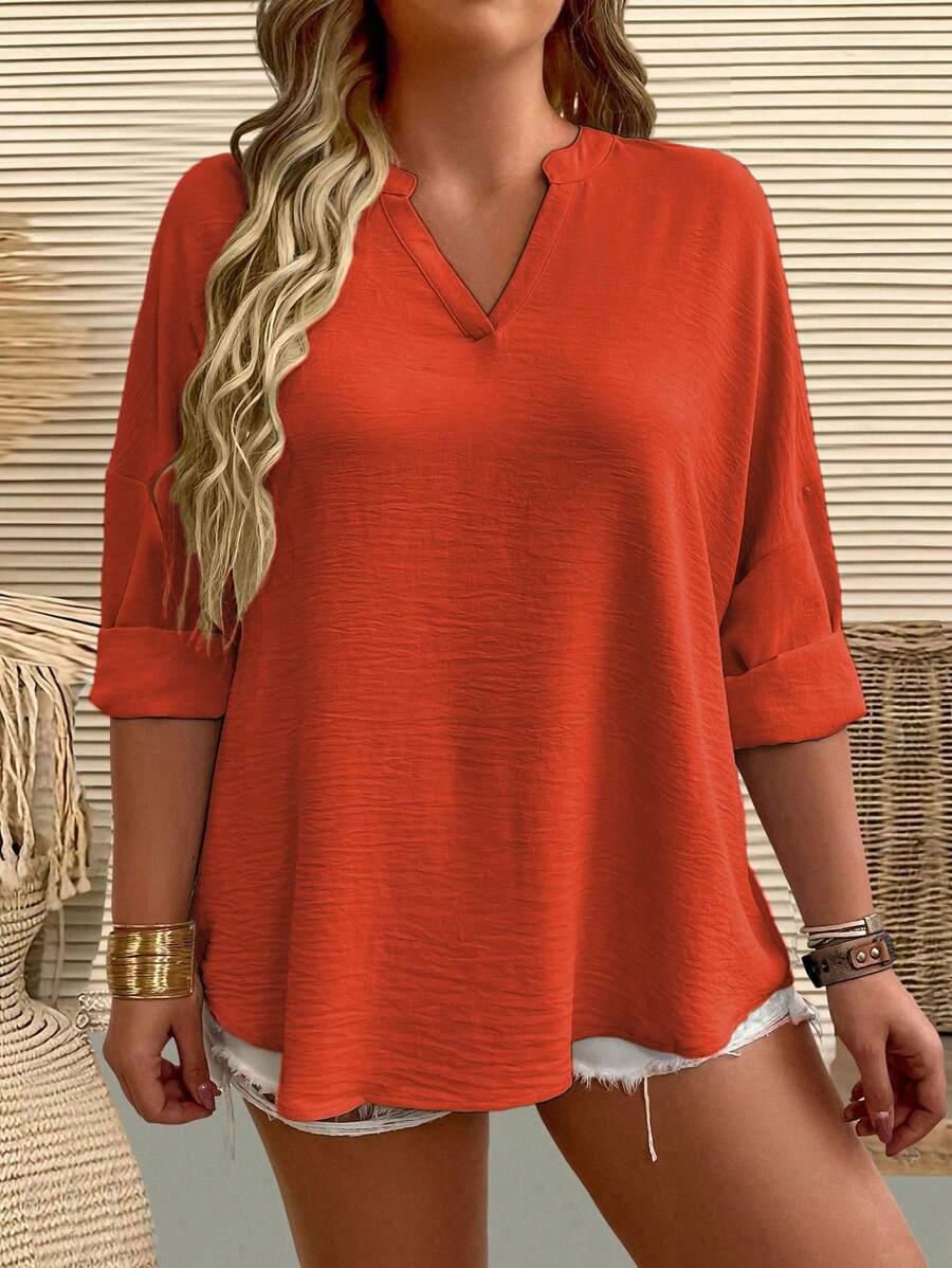 EMERY ROSE Plus Size Women Woven Solid Textured Deep V Neck Drop Shoulder Long Sleeve Curved Hem Casual Blouse, Spring/Summer Fall Cloth For Women