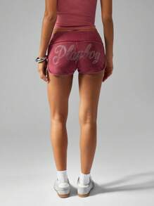 Missguided x Playboy Christmas Rhinestone Embellished Lounge Shorts High Waisted Bunny Velvet Soft Stretch Ultra Comfort Shorts - Red - View 6