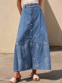 DAZY Women's Single Breasted Floral Embroidered Casual Long Denim Skirt Denim Maxi Skirt Long Jean Skirt Women Denim Skirts Embroidered Denim Skirt Jean Skirt Jeans Skirt