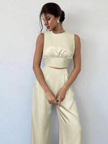 Firerie 女士优雅简约别致性感浪漫通勤音乐节派对约会之夜露背无袖上衣和褶皱阔腿裤黑色 2 件套 - 卡其色 - 查看 4