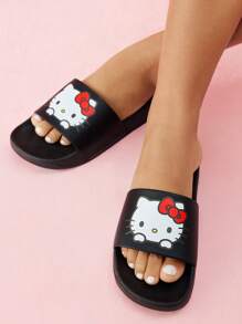 HELLO KITTY AND FRIENDS | SHEIN 时尚可爱卡通猫咪图案 PVC 女士拖鞋，适合室内或室外穿着，男女通用 - 黑色 - 查看 5