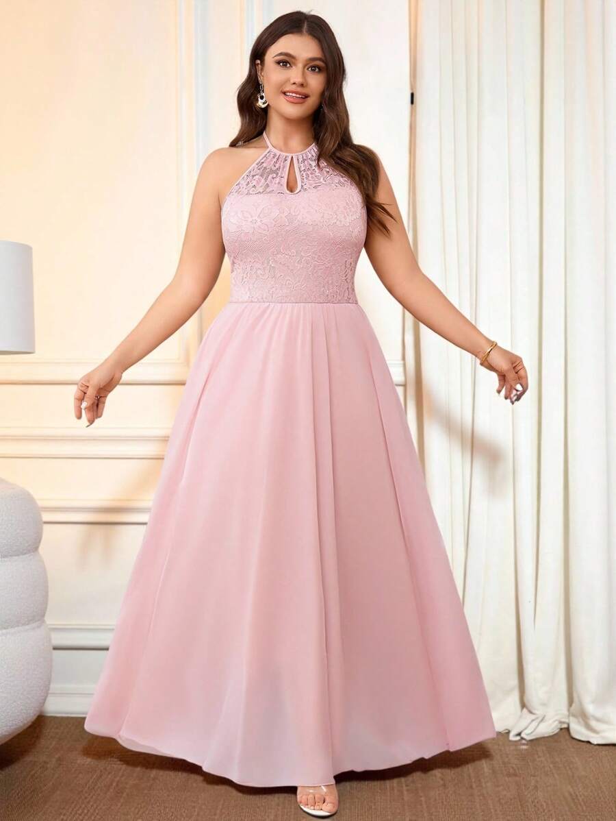 Cravure 大码女式露背、无袖、收腰、飘逸蕾丝设计长裙，优雅奢华，适合夏季 - 粉色 - 查看 1