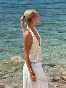 SHEIN ICON Sexy Elegant New Halter Tie-Up Beaded Embroidery Backless Camisole - Apricot - View 3