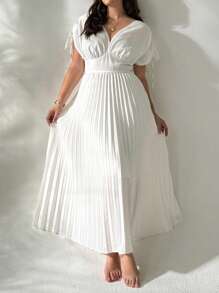 Firerie V 领交叉腰长款大码女式夏季连衣裙，配有抽绳和褶饰；优雅露背防滑肩带，高端场合生日派对长裙 - 白色 - 查看 4