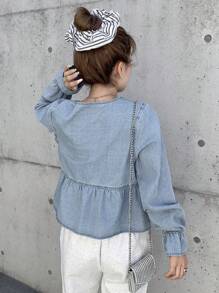 FRIFUL 女士浅蓝色系带蝴蝶结袖口休闲百搭牛仔上衣，适合机场/度假穿着，长袖 - 淺色水洗藍 - 查看 2