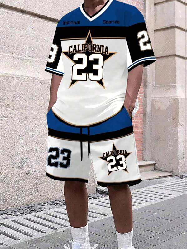 Manfinity Sporsity 2pcs Men's Letter Print V-Neck Short Sleeve Casual T-Shirt And Drawstring Waist Shorts Set