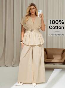 Auralis 大码女装高智商风格双扣可调节收腰百褶衬衫和裤子套装，女式两件套，衬衫套装，休闲夏季套装，度假两件套，两件套夏季套装女士休闲套装 - 杏色 - 查看 3