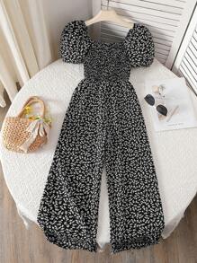 女童花卉荷叶边领口系带泡泡袖七分阔腿连体裤